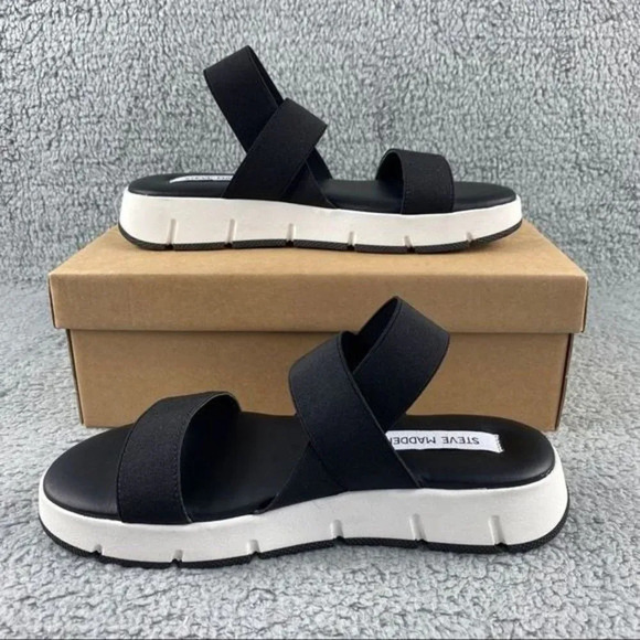 STEVE MADDEN GAVIA Sandals Womens 9 Strappy Black White Sling Back Elastic Strap - Picture 2 of 13